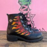 *AS-IS* RAD! FLAME CHUNKY LACE UP COMBAT BOOTS LEATHER LACE-UP BIKER BOOTS