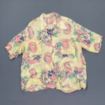 *AS-IS* 1950S FAMOUS UKELILLI AND LEIGH PRINT RAYON HAWAIIAN SHIRT, CANARY YELLOW – RIPPED TO HELL