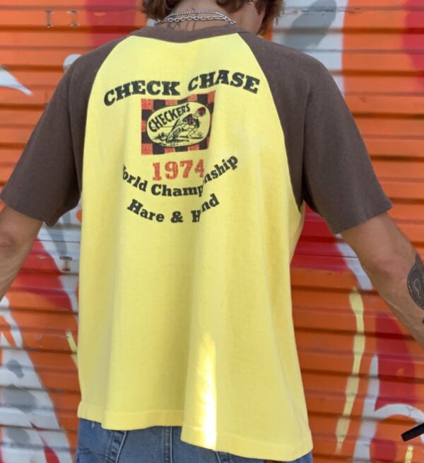 AS-IS EPIC 1974 WORLD CHAMPIONSHIP MOTORCROSS CHECK CHASE RAGLAN SHORT SLEEVE SWEATSHIRT