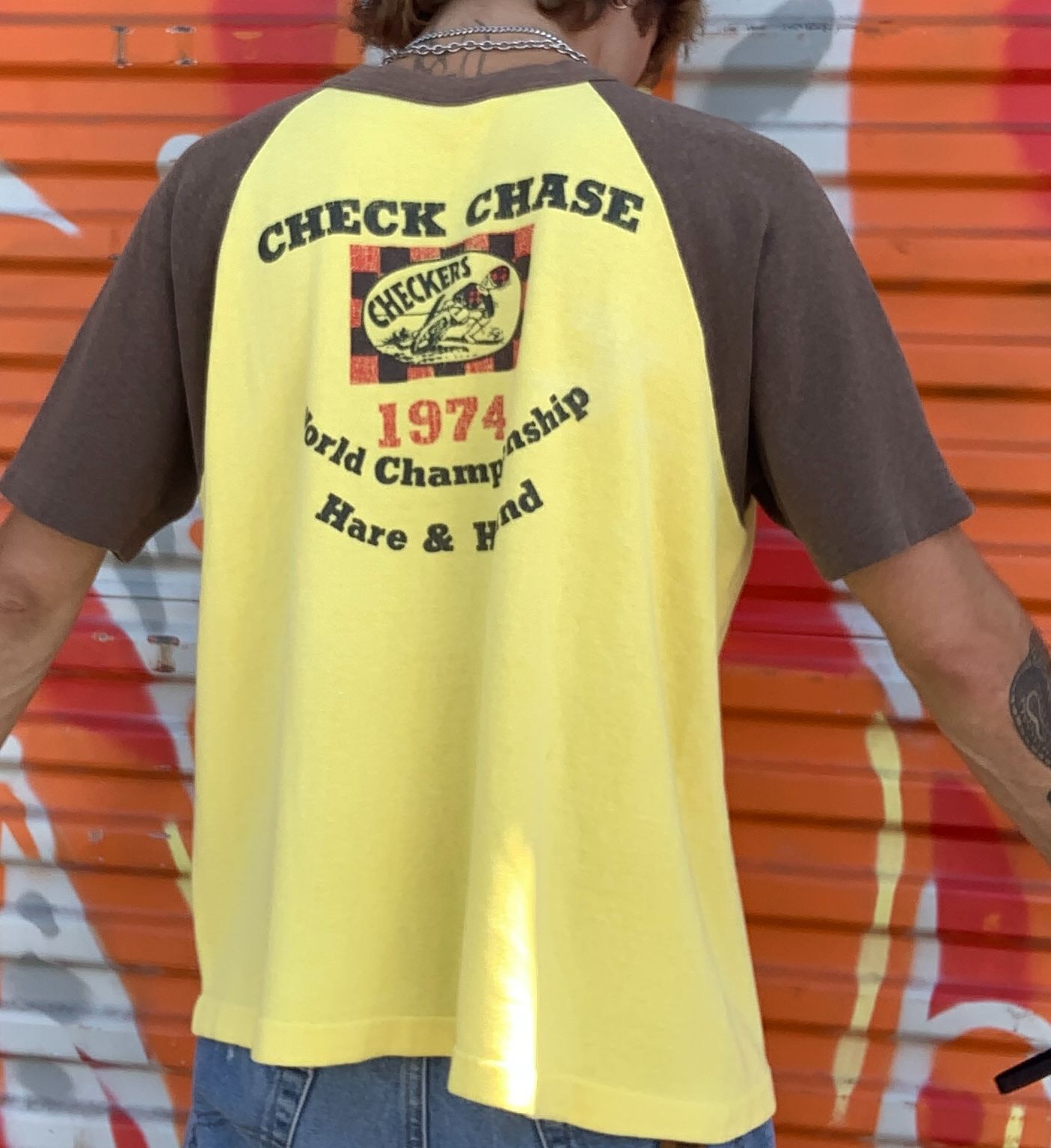 AS-IS EPIC 1974 WORLD CHAMPIONSHIP MOTORCROSS CHECK CHASE RAGLAN SHORT SLEEVE SWEATSHIRT