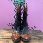 *AS-IS* 1990S 2-TONE HIGH POLISHED LEATHER ORNATE CUT-OUT POINTED TOE LEATHER COWBOY BOOTS