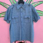 *AS-IS* DENIM STYLE CONTRAST STITCH SINGHA LAGER BANGKOK EMBROIDERED BUTTON UP SHIRT