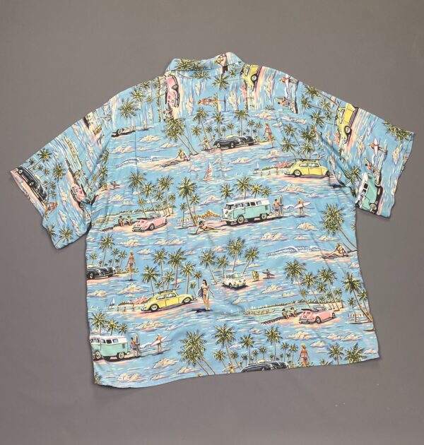 1990S SLINKY RAYON PASTEL VW BUS SURF PRINT HAWAIIAN SHIRT