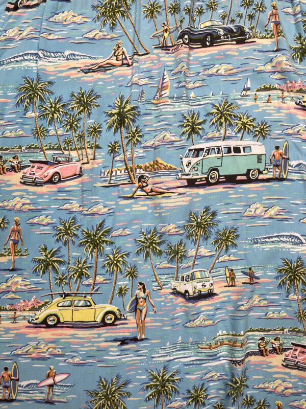 1990S SLINKY RAYON PASTEL VW BUS SURF PRINT HAWAIIAN SHIRT