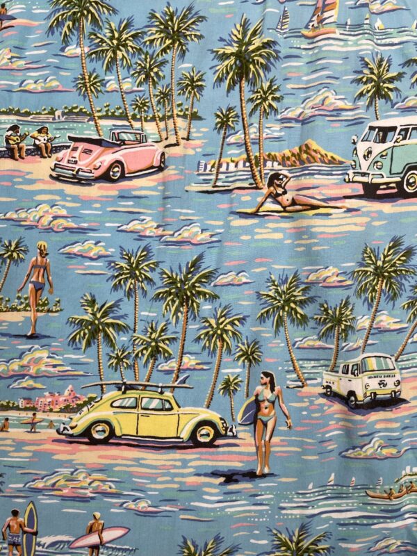 1990S SLINKY RAYON PASTEL VW BUS SURF PRINT HAWAIIAN SHIRT