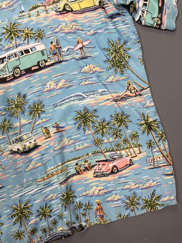 1990S SLINKY RAYON PASTEL VW BUS SURF PRINT HAWAIIAN SHIRT