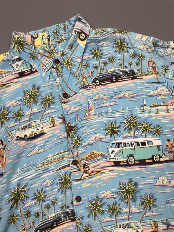 1990S SLINKY RAYON PASTEL VW BUS SURF PRINT HAWAIIAN SHIRT