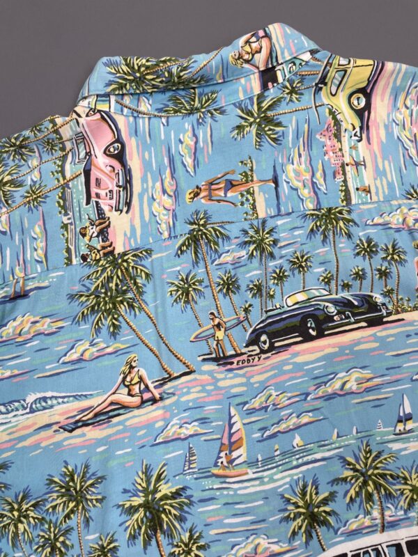 1990S SLINKY RAYON PASTEL VW BUS SURF PRINT HAWAIIAN SHIRT