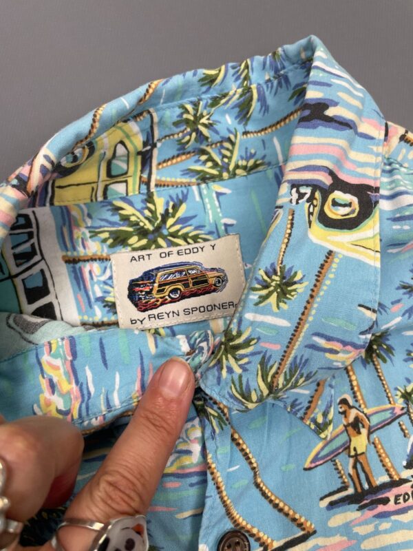 1990S SLINKY RAYON PASTEL VW BUS SURF PRINT HAWAIIAN SHIRT