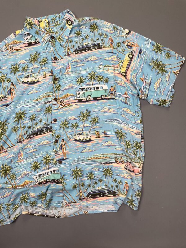 1990S SLINKY RAYON PASTEL VW BUS SURF PRINT HAWAIIAN SHIRT
