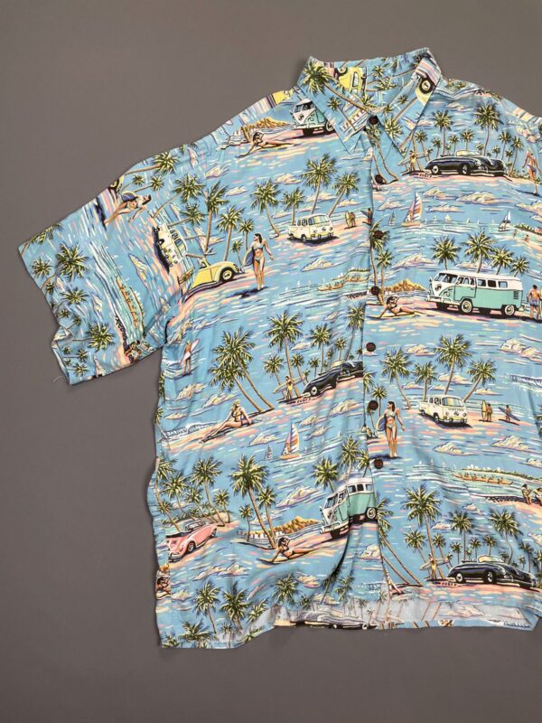 1990S SLINKY RAYON PASTEL VW BUS SURF PRINT HAWAIIAN SHIRT