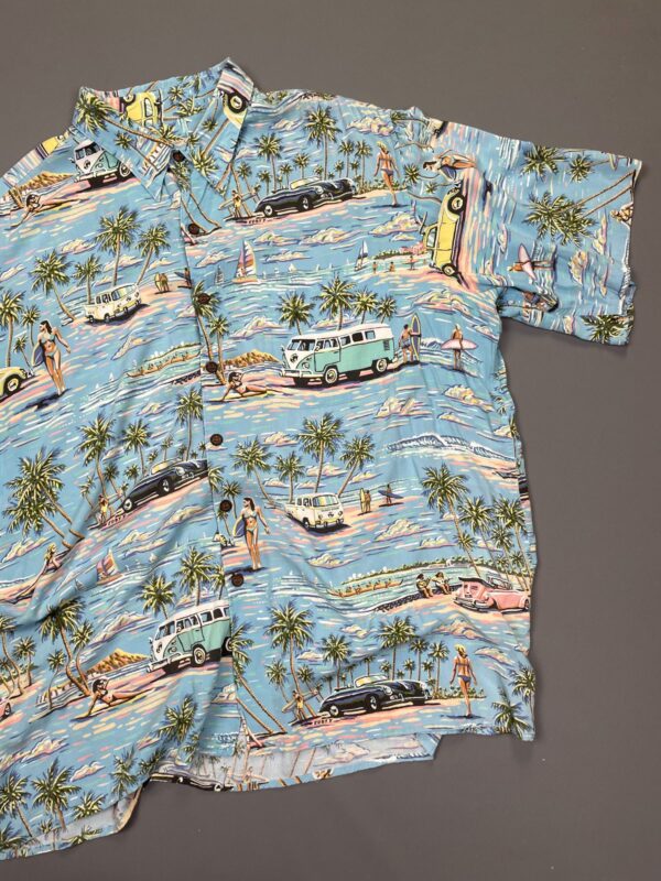 1990S SLINKY RAYON PASTEL VW BUS SURF PRINT HAWAIIAN SHIRT