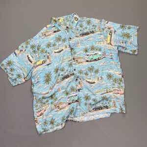 Photo detail:1990S SLINKY RAYON PASTEL VW BUS SURF PRINT HAWAIIAN SHIRT