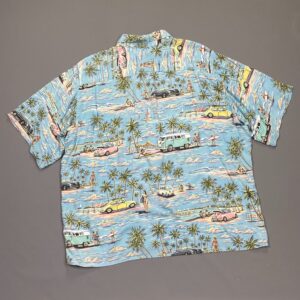 Photo detail:1990S SLINKY RAYON PASTEL VW BUS SURF PRINT HAWAIIAN SHIRT