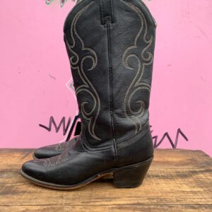 Photo detail:*AS-IS* VINTAGE ACME BLACK LEATHER STACKED HEEL COWBOY BOOTS EMBROIDERED