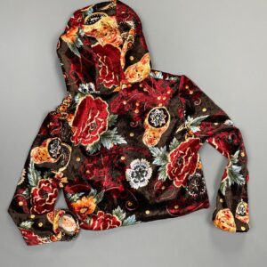 Photo detail:UNIQUE! HANDMADE? Y2K VELVET RUSSIAN NESTING DOLL & PAISLEY PRINT HOODED CROPPED LONG SLEEVE TOP