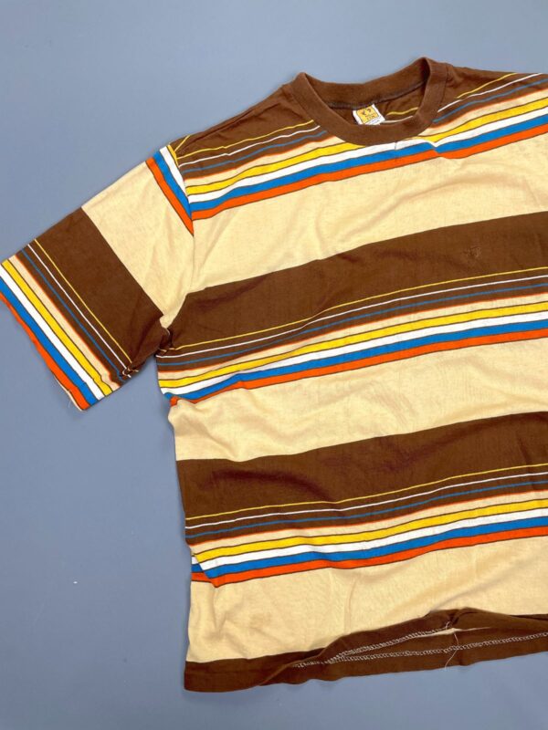 *AS-IS* AWESOME! 1970S-80S HORIZONTAL PRIMARY COLOR STRIPED T-SHIRT EMBROIDERED HANG TEN LOGO