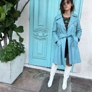 Photo detail:*AS-IS* RAD! BUTTER SOFT 1970S BABY BLUE BELTED LEATHER TRENCH COAT