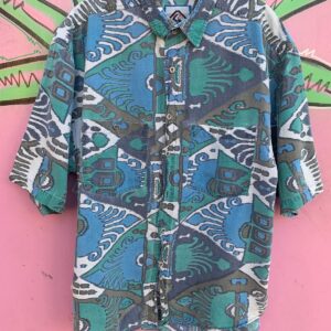 Photo detail:RAD! 1990S FADED GEOMETRIC IKAT PRINT SHORT SLEEVE BUTTON DOWN SHIRT