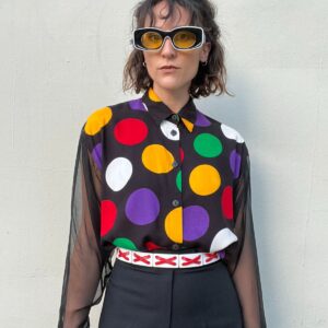 Photo detail:AWESOME! 1990S COLORFUL POLKADOT SHEER SLEEVE BUTTON DOWN BLOUSE