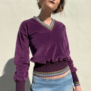 Photo detail:ADORABLE! 1970S VELVET V-NECK SWEATER TOP METALLIC STRIPED CUFFS & COLLAR