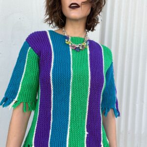 Photo detail:SO CUTE!!! 1960S-70S VERTICAL STRIPED COLORBLOCK SWEATER TOP SHAGGY FRINGE HEMS