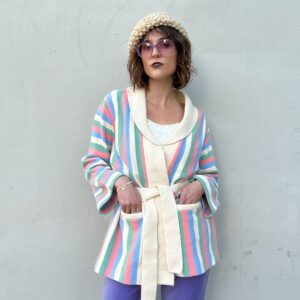 Photo detail:AMAZING! RETRO 1960S-70S BELTED PASTEL STRIPED CARDIGAN SWEATER