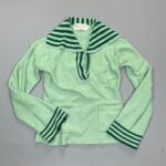 ADORABLE! 1960S STRIPED FOLD-OVER COLLAR DEEP V SWEATER, BELL SLEEVES, DOUBLE FRONT POCKET