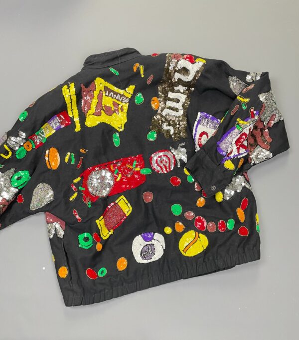 AMAZING! 1990S ALLOVER SEQUINED CANDY THEMED ZIP UP BRUSHED TWILL JACKET