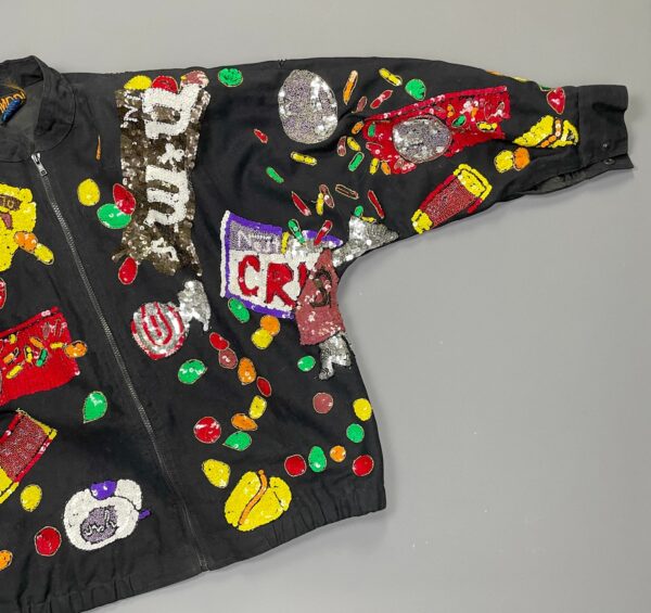 AMAZING! 1990S ALLOVER SEQUINED CANDY THEMED ZIP UP BRUSHED TWILL JACKET