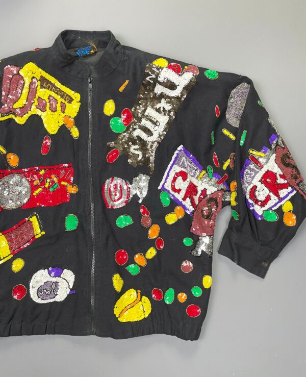 AMAZING! 1990S ALLOVER SEQUINED CANDY THEMED ZIP UP BRUSHED TWILL JACKET