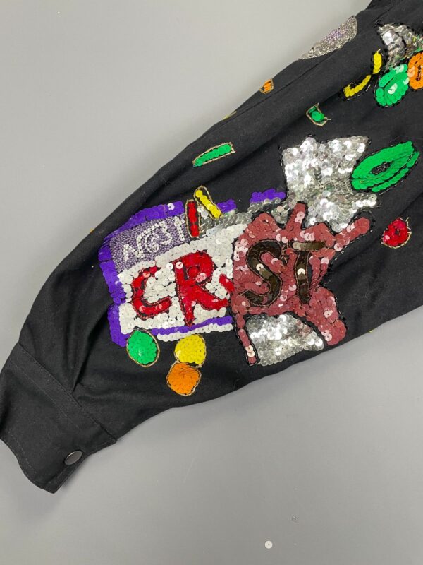 AMAZING! 1990S ALLOVER SEQUINED CANDY THEMED ZIP UP BRUSHED TWILL JACKET