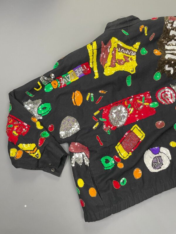 AMAZING! 1990S ALLOVER SEQUINED CANDY THEMED ZIP UP BRUSHED TWILL JACKET