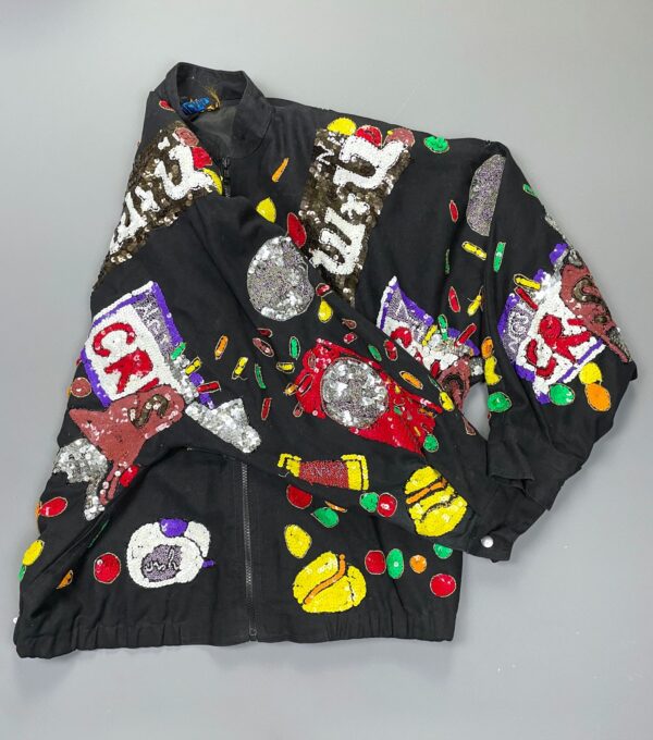 AMAZING! 1990S ALLOVER SEQUINED CANDY THEMED ZIP UP BRUSHED TWILL JACKET