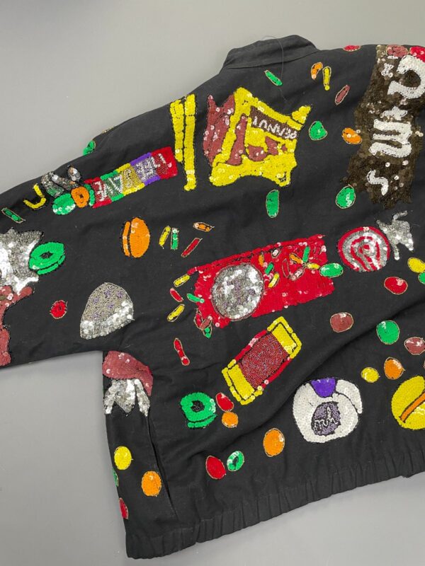 AMAZING! 1990S ALLOVER SEQUINED CANDY THEMED ZIP UP BRUSHED TWILL JACKET