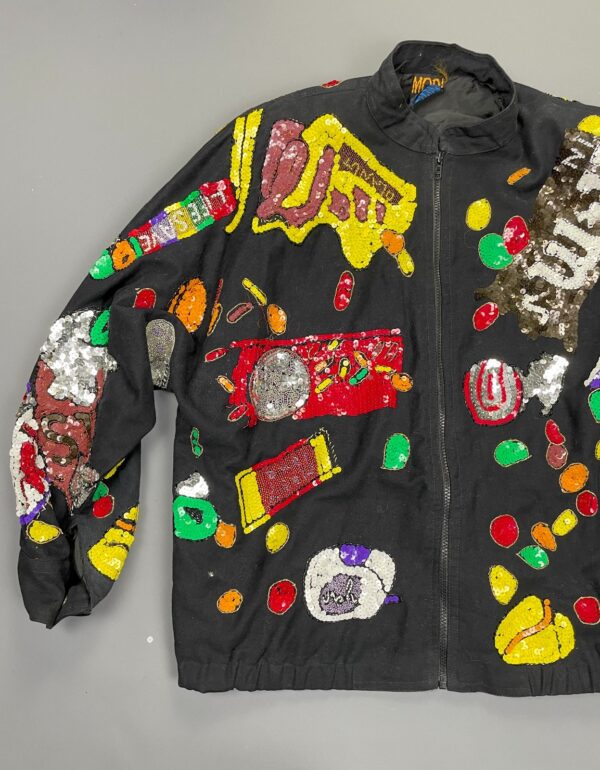 AMAZING! 1990S ALLOVER SEQUINED CANDY THEMED ZIP UP BRUSHED TWILL JACKET