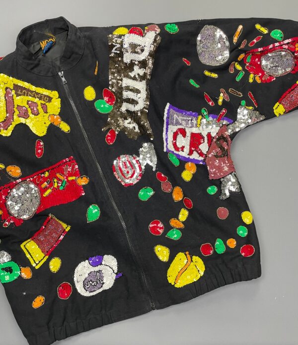 AMAZING! 1990S ALLOVER SEQUINED CANDY THEMED ZIP UP BRUSHED TWILL JACKET