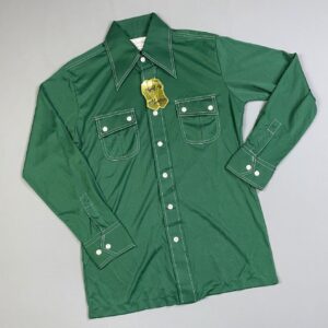 Photo detail:DEADSTOCK POLYESTER CONTRAST STITCH LONG SLEEVE BUTTON DOWN SHIRT W/ SLANTED POCKETS