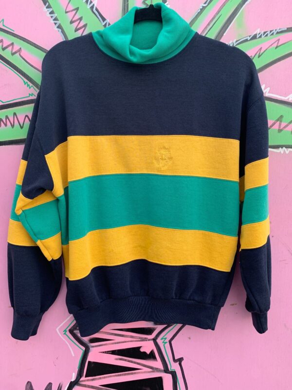 *AS-IS* 1980S-90S STRIPED COLOR BLOCK TURTLENECK SWEATSHIRT EMBROIDERED LOGO