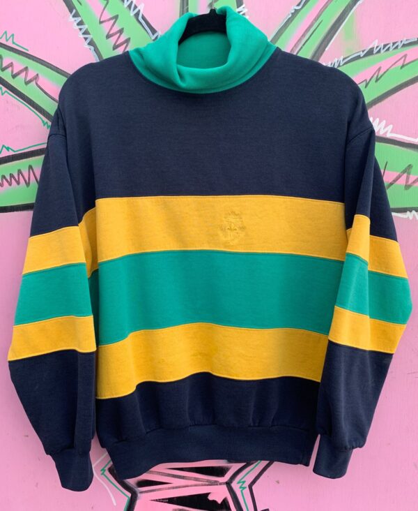 *AS-IS* 1980S-90S STRIPED COLOR BLOCK TURTLENECK SWEATSHIRT EMBROIDERED LOGO