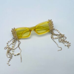 Photo detail:FUN! CUSTOMIZED CLEAR YELLOW RECTANGLE SUNGLASSES HANGING RHINESTONE CHAINS