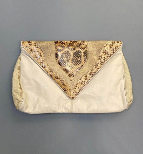 AMAZING! 1980S OVERSIZED EMBOSSED LEATHER & SNAKESKIN ENVELOPE CLUTCH