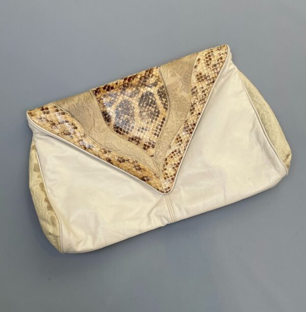 AMAZING! 1980S OVERSIZED EMBOSSED LEATHER & SNAKESKIN ENVELOPE CLUTCH