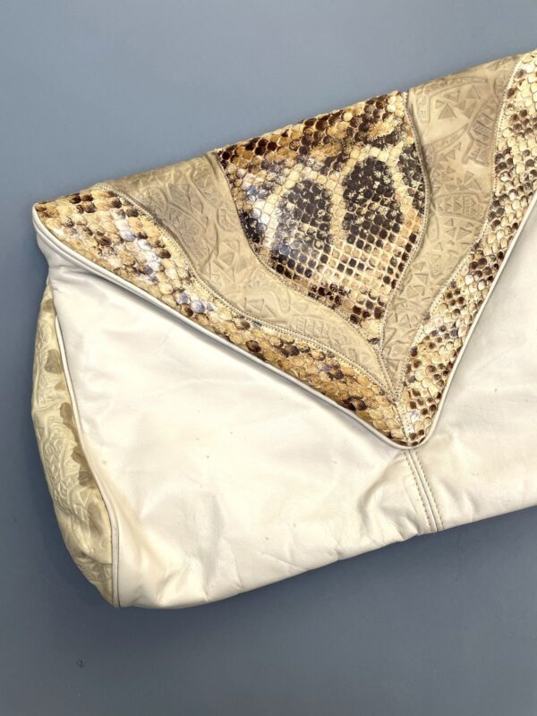 AMAZING! 1980S OVERSIZED EMBOSSED LEATHER & SNAKESKIN ENVELOPE CLUTCH