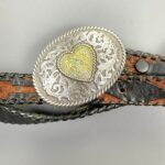 1990S NARROW WHIPSTITCHED WESTERN BELT SILVER CONCHOS ORNATE HEART BUCKLE