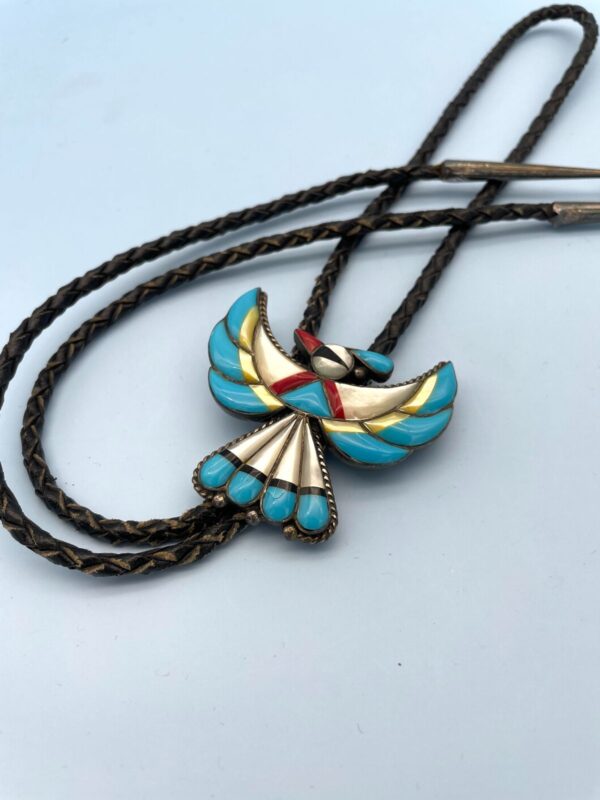 WOW! 925 TURQUOISE STONE INLAY THUNDERBIRD BOLO TIE *SIGNED NF | STERLING