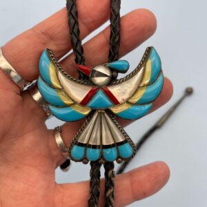 Photo detail:WOW! 925 TURQUOISE STONE INLAY THUNDERBIRD BOLO TIE *SIGNED NF | STERLING