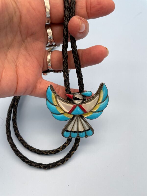 WOW! 925 TURQUOISE STONE INLAY THUNDERBIRD BOLO TIE *SIGNED NF | STERLING