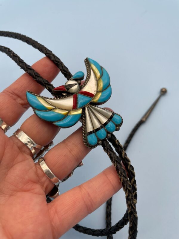 WOW! 925 TURQUOISE STONE INLAY THUNDERBIRD BOLO TIE *SIGNED NF | STERLING