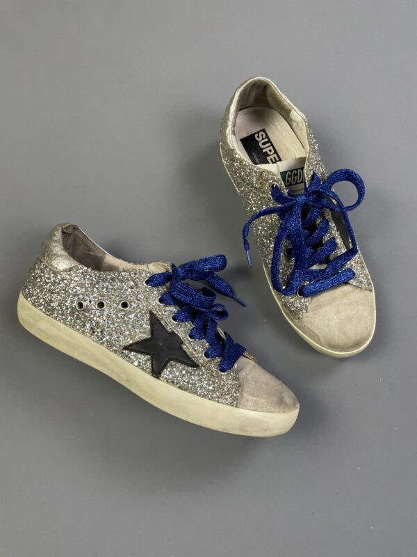 *AS IS*  SUPERSTAR LEATHER GLITTER LOW-TOP SNEAKERS METALLIC BLUE GLITTER LACES